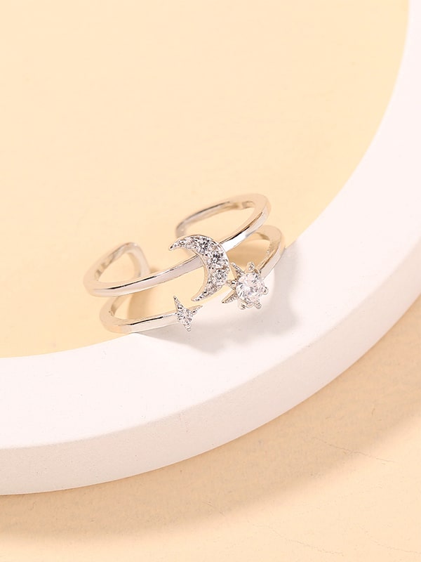 Huitan 925 Silver Moon & Star Adjustable Ring – Cubic Zirconia – Cute Lab-Created Gemstone Jewelry